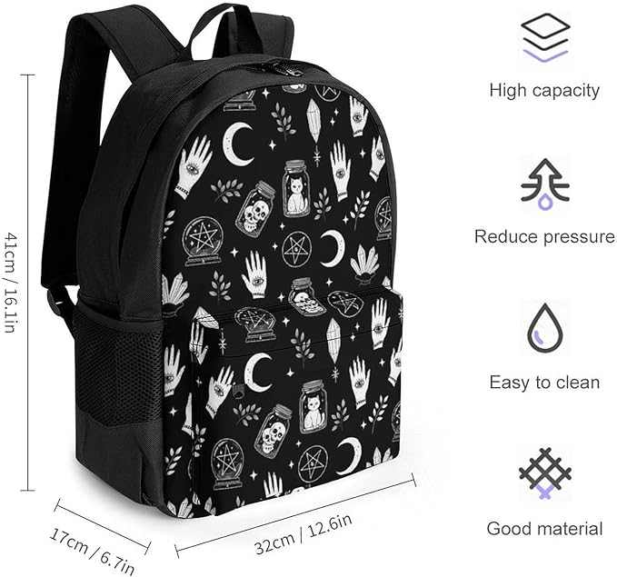 Rucksack Polyester Anti-Theft Multipurpose Black Cat Moon Gothic Skull Raven Carry On Bag Large Capacity Travel and Sport Backpack Rucksack With Smooth Zippers