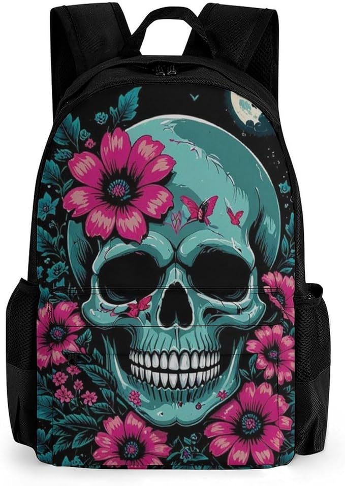 Supdreamc Polyester Daypack Backpack for Trekking Picnic Walking Cycling, Large Capacity Anti-Theft Multipurpose Shoulder Bag, Flowers Bird Cool Skull Casual Daypack