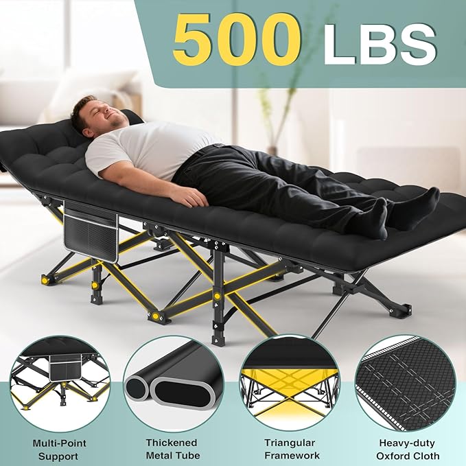 ZENPETIO Camping Cot for Adults, Heavy-Duty Portable Cot Bed with Mattress, Foldable Padded Sleeping Cots for Camping Travel Tent Day Bed Outdoor & Home Guest, Max Load 500 LBS, 75x28x15”