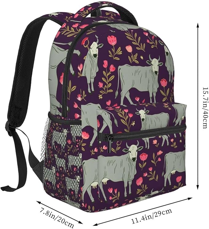 Polyester Daypack for Camping Travel Walking Cycling, Big Capacity Anti-Theft Multipurpose Bookbag, Brahman Cow Floral Camping Outdoor Backpack