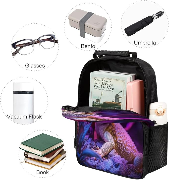 Lightweight Backpack for Gym Travel Bicycle, Big Capacity Multipurpose Anti-Theft Carry On Bag, Purple Art Cool Bearded Dragon Lizards Travel Hiking Bag Day Pack