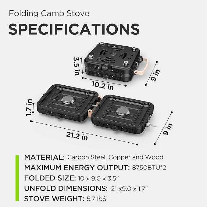 Propane 2-Burner Camping Stove with Carrying Bag, 17500 BTU Adjustable Burners, Portable Folding Gas Stove for Camping, Outdoor Cooking, Backpacking Camp Stove for BBQ, Camping Tailgating