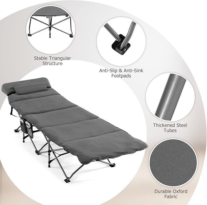 Tangkula Camping Cot for Adults, Folding Sleeping Cot with Removable Mattress, Pillow, Side Pocket, Portable Indoor Outdoor Cot Bed with Carry Bags for Travel, Camp, Office, Home (Grey)