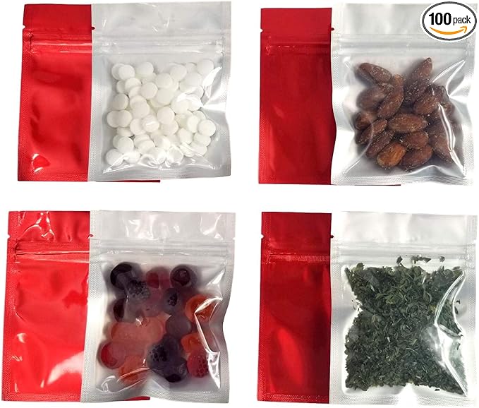 Clear Front Resealable Red Mylar Bags - 5 Mil - 3.5" x 4.5" Zip Seal Heat Sealable Odor Proof Pouch for Herbs Food Vitamins Gummies Snacks Storage Container (100 or 3000) (100)