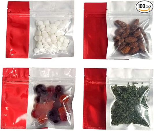 Clear Front Resealable Red Mylar Bags - 5 Mil - 3.5" x 4.5" Zip Seal Heat Sealable Odor Proof Pouch for Herbs Food Vitamins Gummies Snacks Storage Container (100 or 3000) (100)