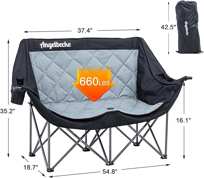Double Camping Chair Oversized Padded Camping Sofa for 2 Person Heavy Duty Outdoor Folding Couch Portable Lawn Chair with Dual Cup Holders & Wine Glass Holders Weight Bearing 660LBS