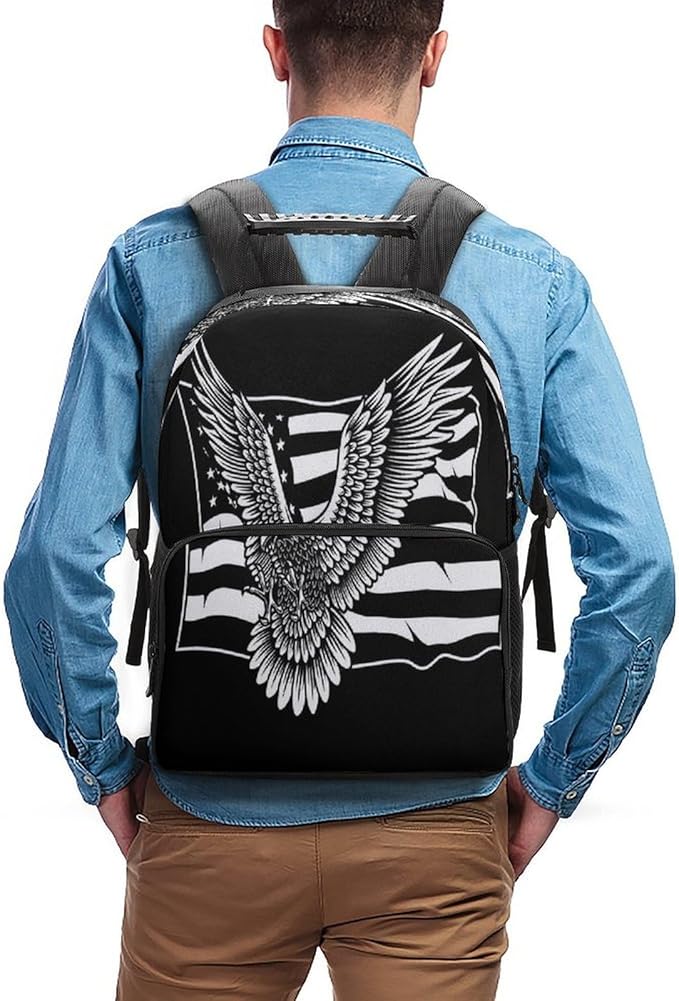 Lightweight Rucksack for Sports Travel Running, Big Capacity Multipurpose Anti-Theft Bookbag, Black And White American Flag Patriotic Usa Bald Eagle Pattern Travel and Sport Backpack Rucksack