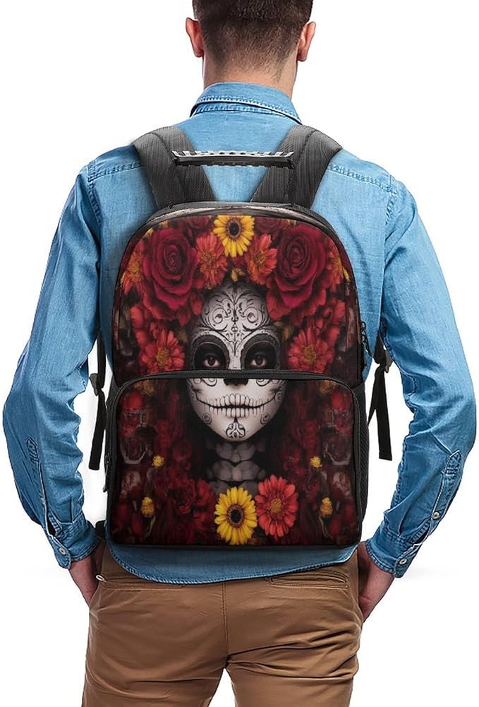 Lightweight Daypack Backpack for Sports Travel Running, Large Capacity Multipurpose Anti-Theft Bookbag, Mexican Day Of The Dead Sugar Skull Floral Women Art Laptop Backpack Daypack