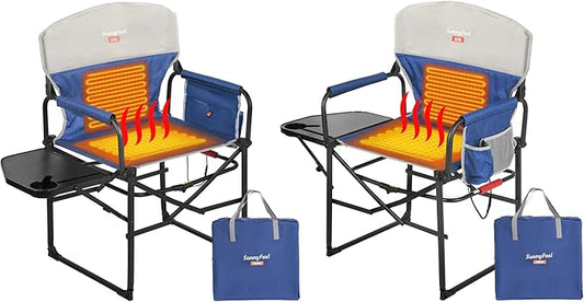 SUNNYFEEL Heated Camping Directors Chair 2 Pack, Portable Folding Lawn Chairs for Adults Heavy Duty with Side Table,Pocket for Beach, Fishing,Picnic,Concert Outdoor, Foldable Camp Chairs