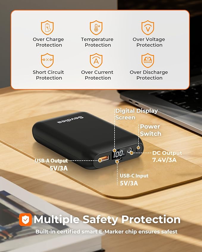 Heated Vest Battery Pack 7.4V 16000mAh Compatible with ORORO and Venustas, Battery Pack for Heated Vest with LED Display, Rechargeable Power Bank with DC/USB/Type-C Output for Heated Jackets