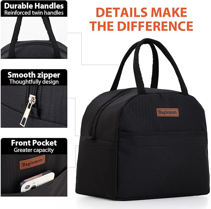 Insulated Lunch Bag for Women Men, Lunch Containers Reusable High Capacity Lunch Tote Bags for Work Picnic (Black)