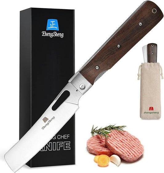Folding Chef Knife 4.8" Sharp 440A Stainless Steel Blade Wooden Handle Pocket Foldable Japanese Style Kitchen Knife for Outdoor Camping Cooking