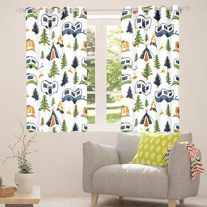 jejeloiu Happy Camping Curtains for Bedroom Living Room Camper 30%-50% Blackout Darkening Drapes Cartoon Camping Car Window Treatments, 2 Panels 52 x 63 Inch Room Decor