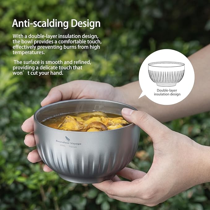 iBasingo 350ml Titanium Camping Bowl Double Wall Insulated Soup Bowl Ultralight Durable Portable Oatmeal, Rice, Food Tableware for Outdoor Backpacking, Hiking, Travel Ti1164T