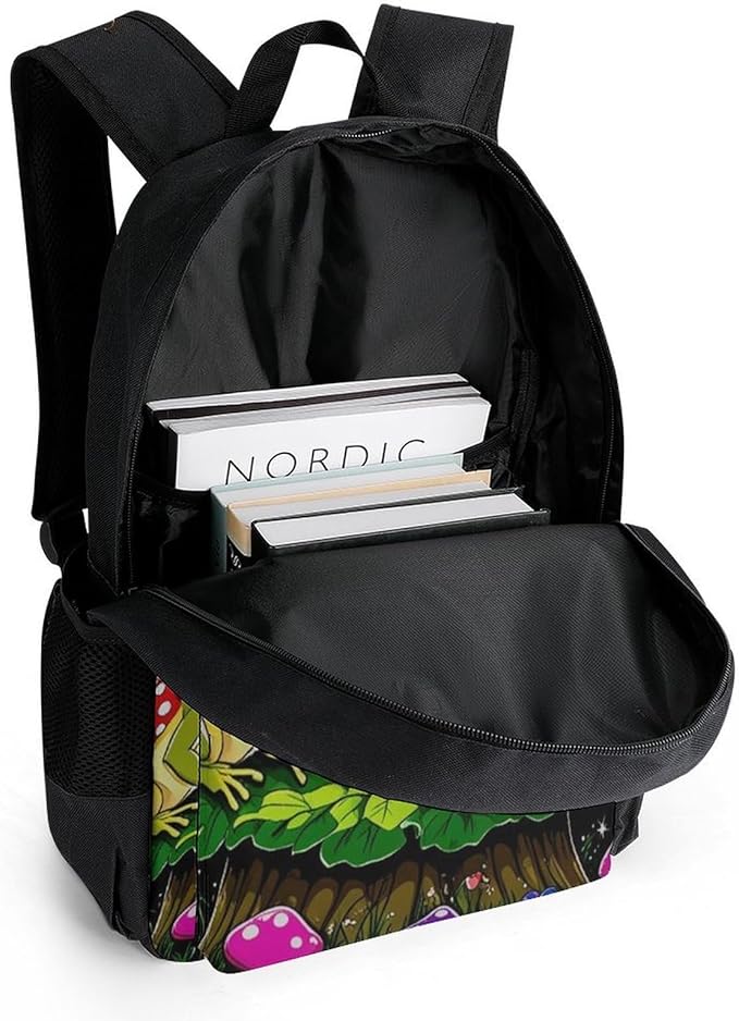 Rucksack Multipurpose Anti-Theft Big Capacity Shoulder Bag, Psychedelic Mushroom Trippy Magic Frog Art Travel Hiking Camping Rucksack With Side Pockets