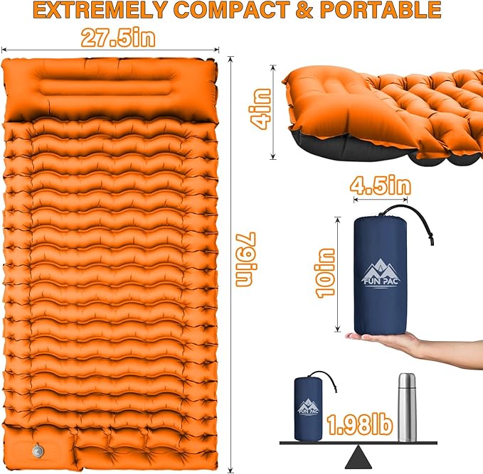 Camping Sleeping Pad, Ultralight Camping Pad with Pillow Built-in Foot Pump Inflatable Sleeping Pads Compact for Camping Backpacking Hiking Traveling - Orange