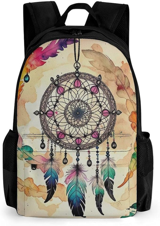 Polyester Daypack Bookbag for Gym Business Bicycle, Large Capacity Multipurpose Anti-Theft Carry On Bag, Vintage Dreamcatcher Travel Hiking Daypack