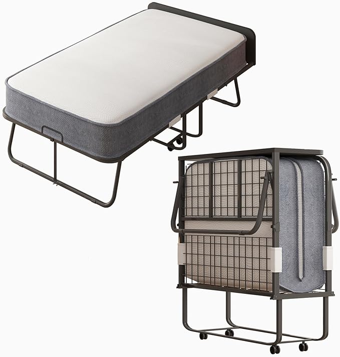 CECER Folding Bed with Mattress, 75" x 38" Rollaway Bed for Adults, 5 inch Thick Memory Foam Mattress，Twin Size Portable Foldable Bed with Headboard & Sturdy Metal Frame，Fold Up, Roll Away