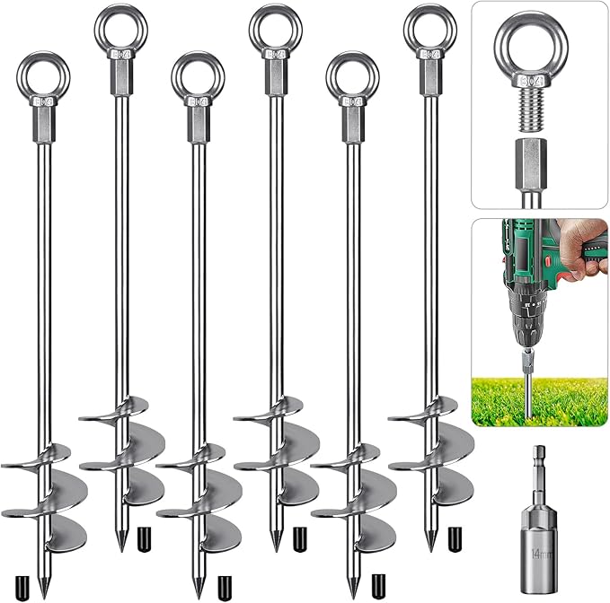 24'' Fully Welded Ground Anchors Screw in, 3'' Wider Spiral Earth Anchor for Swing Set, 6pcs Mobile Home Anchors, Wind Resistant Trampoline Wind Anchors, Ground Anchors for Sheds