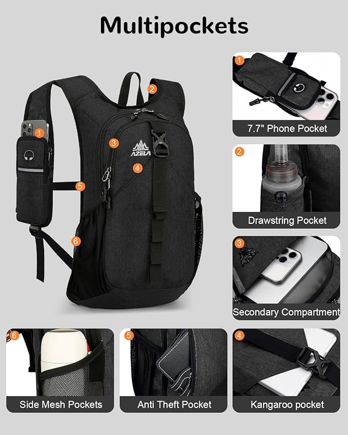 Folding Hiking Backpack with Phone Pocket for Men Women, Small Ultralight Packable Casual Daypack with Shoulder Chest Straps for Travel, 15L Foldable Lighweight Day Pack, Black