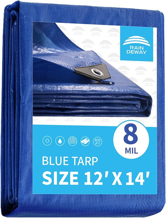 Blue Tarp 12x14 Feet, 8 Mil Thick, UV Resistant, Multipurpose Waterproof Poly Tarp Cover with Metal Grommets and Reinforced Edges by RAINDEWAY