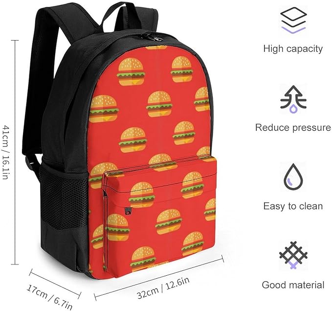 Supdreamc Men Women Lightweight Funny Red Hamburgers Casual Daypack Large Capacity Bookbag With Adjustable Shoulder Straps for Gym Business Bicycle