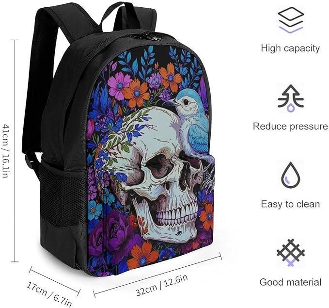 Shoulder Book Bags Anti-Theft Multipurpose Big Capacity Bookbag, Hippie Skull Florals Bird Art Travel Hiking Backpack With Smooth Zippers