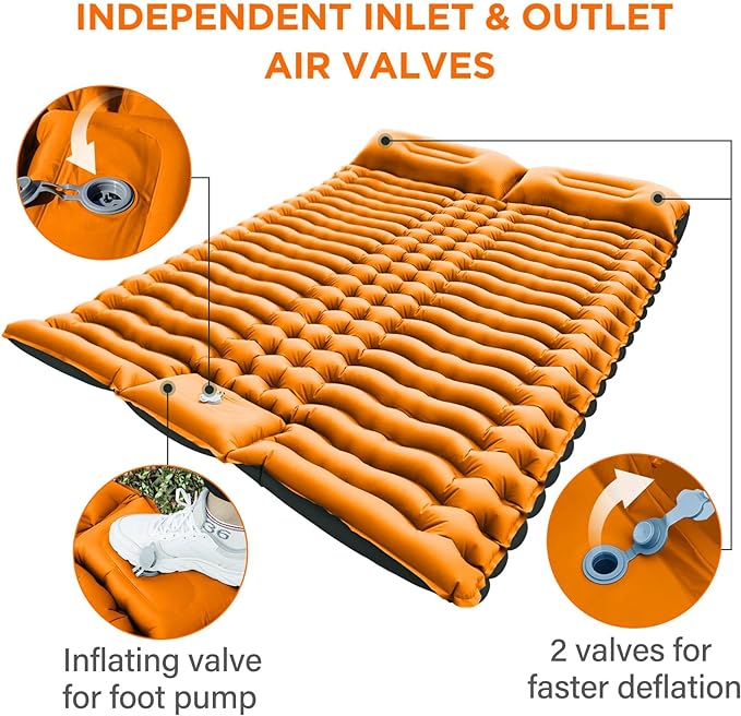 Double Camping Sleeping Pad, Self-Inflating 4" Ultra-Thick Foot-Press Design – Lightweight 2-Person Outdoor Mat with Pillow for Camping, Hiking, Backpacking, Travel – Orange