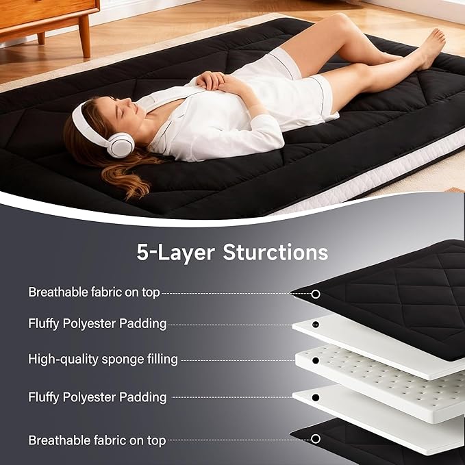 Welnow Japanese Futon Floor Mattress, Thick Twin Size Tatami Mat Portable & Foldable Roll Up Floor Bed Mattress with Storage Bag, Sleeping Pad for Adults, Dorm, Guest Bed, Camping and Travel, Black