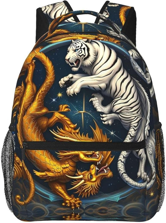 Daypack Backpack Anti-Theft Multipurpose Big Capacity Bookbag, Yin Yang Gold Dragon White Tiger Art Business Computer Bag With Side Pockets