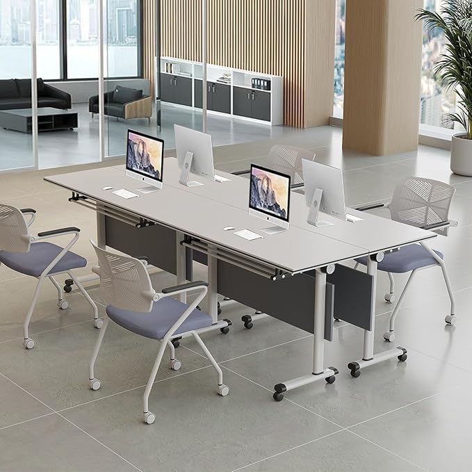 55 INCH Flip-Top Folding Meeting Table – Compact Mobile Seminar Desk with Lockable Casters, Durable Steel Frame for Office & Classroom Use