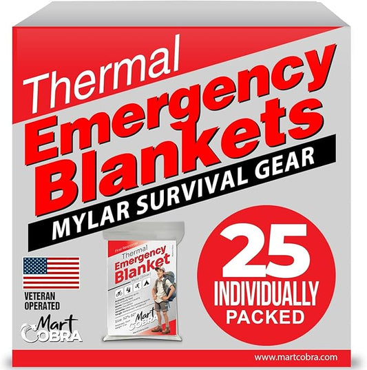 Mart Cobra Emergency Blanket 25-Pack Space Mylar Blankets Survival Gear and Supplies Reusable Thermal Camping Essentials Hiking First Aid Car Emergency Kit Prepper Foil Bug Out Bag Warm Cat Cold Snow