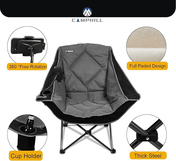 CAMPHILL Folding Camping Chair,Oversized Portable Camping Chair with Cup Holder and Phone Holder,Heavy Duty Padded Lawn Chair for Camping, Tailgates, Beach, and Sports