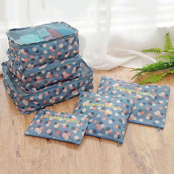 6 PCS Packing Cubes,Multi-functional Clothing Sorting Packages,Travel Carry On Luggage Organizers Storage Bags,Travel Packing Pouches, Blue Flower
