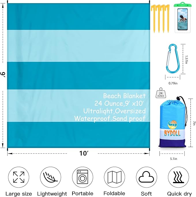 BYDOLL Beach Blanket Waterproof Sandproof Large 78''×81''/10'×9' Sand Free Oversized Sandless Picnic Mat Water Proof Packable Lightweight Blanket for Beach Camping Hiking Travel