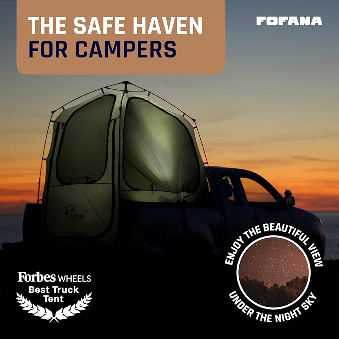 Fofana Pop-Up Truck Bed Tent - Mid-Size, 2-Person, Gray - Quick Setup Pop-Up Tent for Camping - Waterproof Sewn-in Floor & Camping Gear Organization - Mesh Windows & Ventilation for Truck Bed Dome