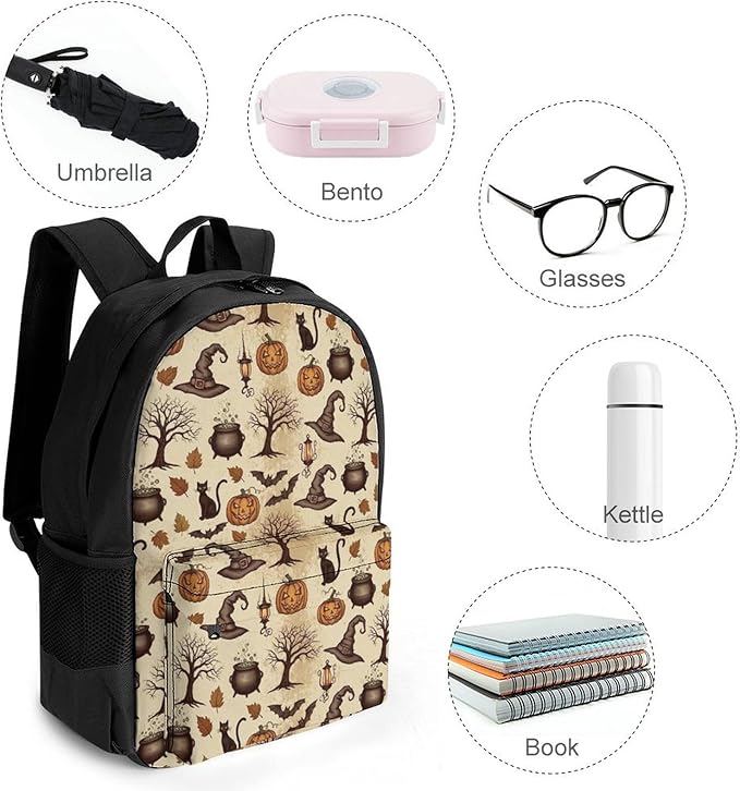 Lightweight Daypack Bookbag for Trekking Business Walking Cycling, Big Capacity Anti-Theft Multipurpose Carry On Bag, Black Cat Bat Pumpkin Skull Business Computer Bag