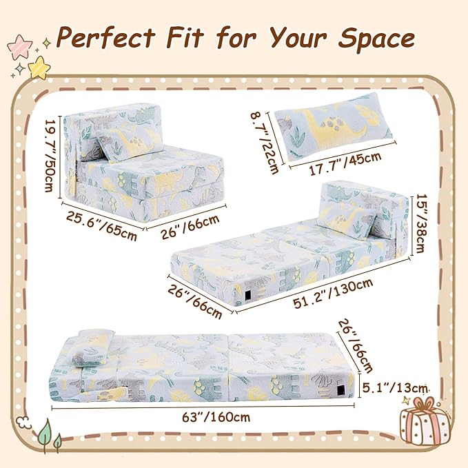 Folding Sofa Bed Floor Mattress for Kids with Pillow, Toddler Glow in Dark Washable Couch Folding Mat for Daycare, Child Dinosaur Chair with Storage Bag for Playroom, Camping, Green