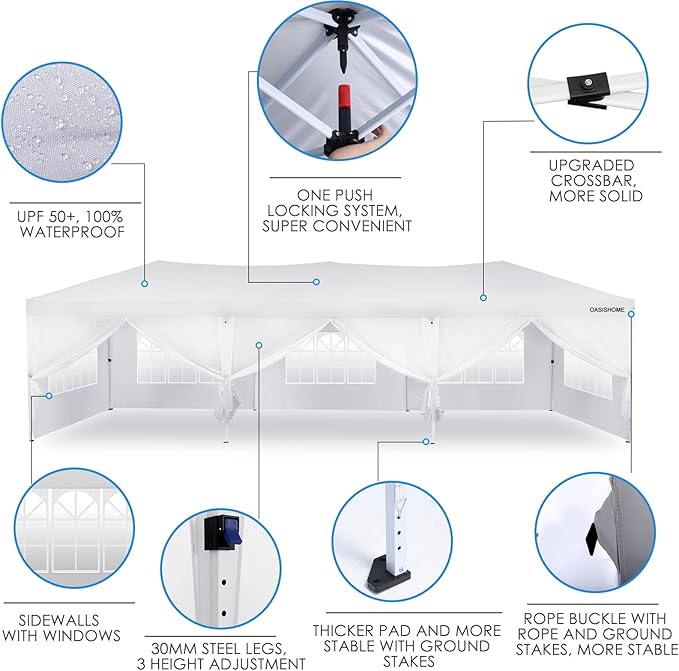 OASISHOME 10'x30' One Push Setup Pop-Up Canopy Tent with 8 Removable Sidewalls,Carry Bag,Waterproof Commercial Gazebo for Weddings/Outdoor Events, Heavy-Duty Frame(White, 10x30(One Push Setup))