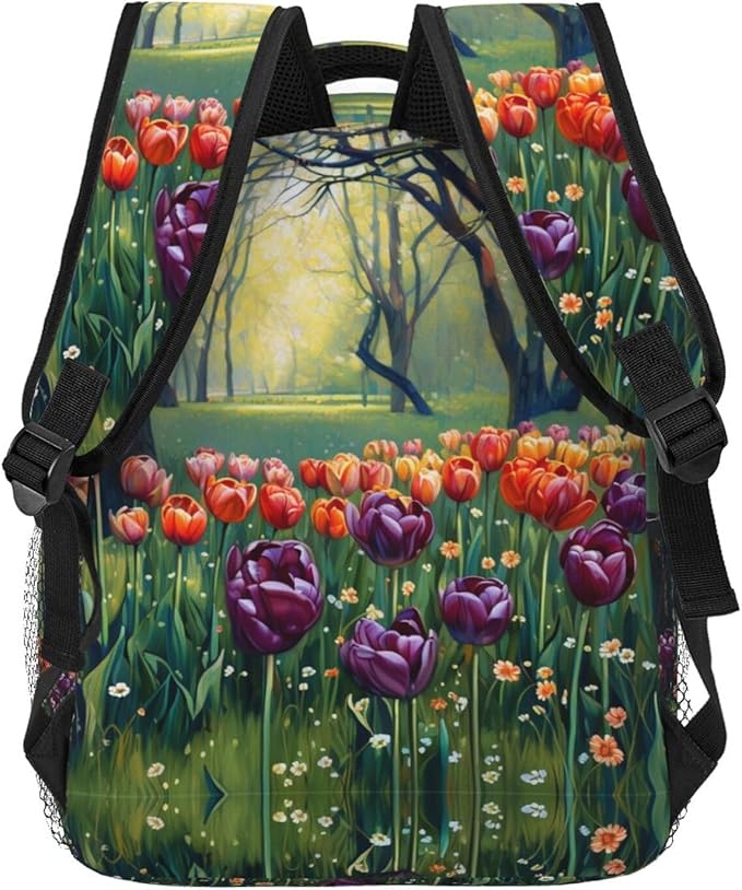 Adults Lightweight Colorful Sea Of Tulips Art Rucksacks Large Capacity Bookbag With Adjustable Shoulder Straps for Trekking Outdoors Bicycle