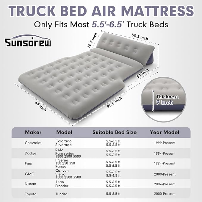 2025 Upgraded T*ruck Air Bed Mattress for 5.5-6.5Ft Full-Size Inflatable Mattress Short Truck Beds with Built-in Pillow Adjustable Air Mattress for Camping,Home,Truck Tent Accessories(Blue)