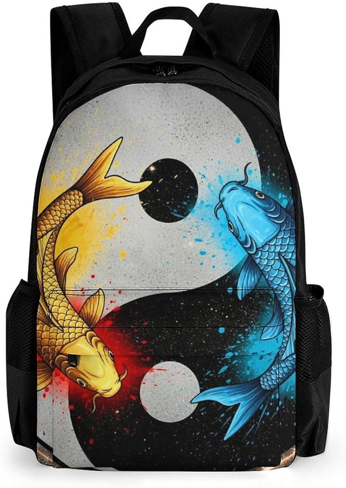 Men Women Lightweight Space Koifish Fish Yin Yang Backpack Large Capacity Carry On Bag With Padded Straps for Sports Work Walking Cycling