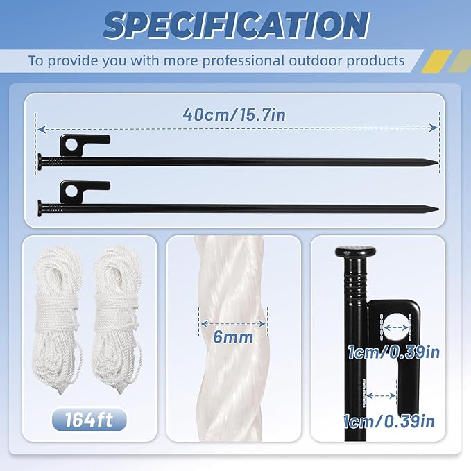 Pond Fountain Aerator Fixing Anchor Accessories, Includes 2×0.2in by 164ft Twisted Polyethylene (PE) Rope with 2×Metal Ground Stakes - Perfect for Outdoor, Camping, Landscaping, and Shipping