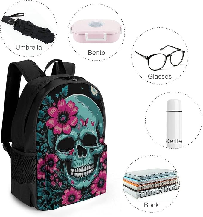 Supdreamc Polyester Daypack Backpack for Trekking Picnic Walking Cycling, Large Capacity Anti-Theft Multipurpose Shoulder Bag, Flowers Bird Cool Skull Casual Daypack