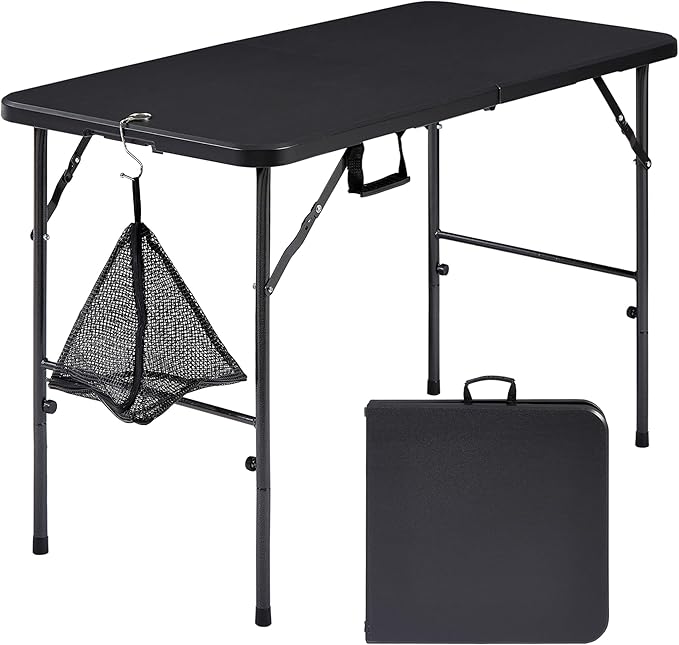 VECELO Folding Table 4 Foot with Mesh Bag, Indoor Outdoor Heavy-Duty Portable w/Handle,Fold-in-Half for Picnic, Party, Camping, Matte Black