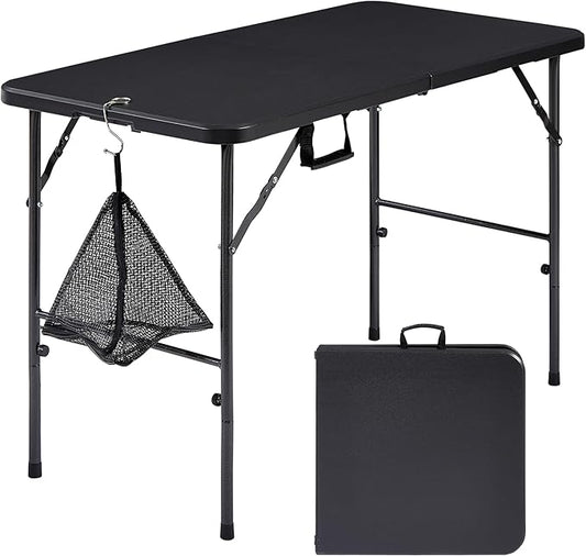 VECELO Folding Table 4 Foot with Mesh Bag, Indoor Outdoor Heavy-Duty Portable w/Handle,Fold-in-Half for Picnic, Party, Camping, Matte Black
