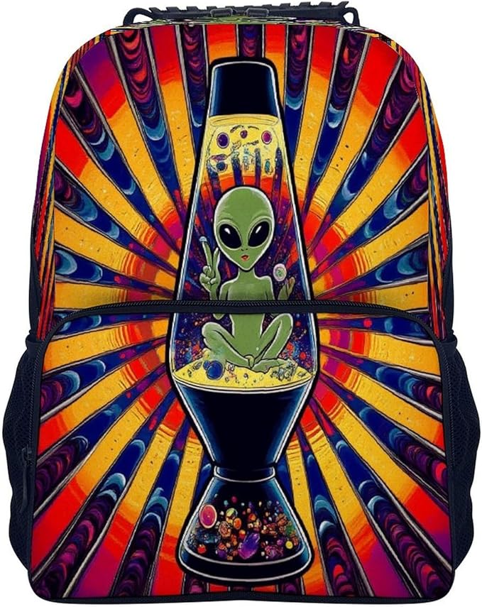 Men Women Lightweight Trippy Tie Dye Alien Casual Daypack Big Capacity Bookbag With Padded Straps for Gym Travel Walking Cycling
