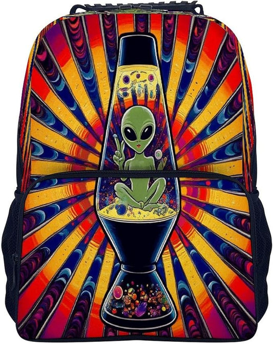 Men Women Lightweight Trippy Tie Dye Alien Casual Daypack Big Capacity Bookbag With Padded Straps for Gym Travel Walking Cycling