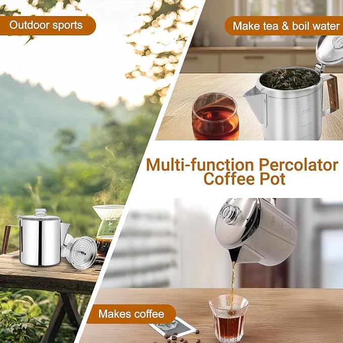 No Coating 9 Cup Percolator Coffee Pot 304 Stainless Steel Moka Pot Stovetop Espresso Maker Italian Greca Cuban Machine 1500ml 50.7oz Suitable for Gas Induction Stovetop Camping Kettle