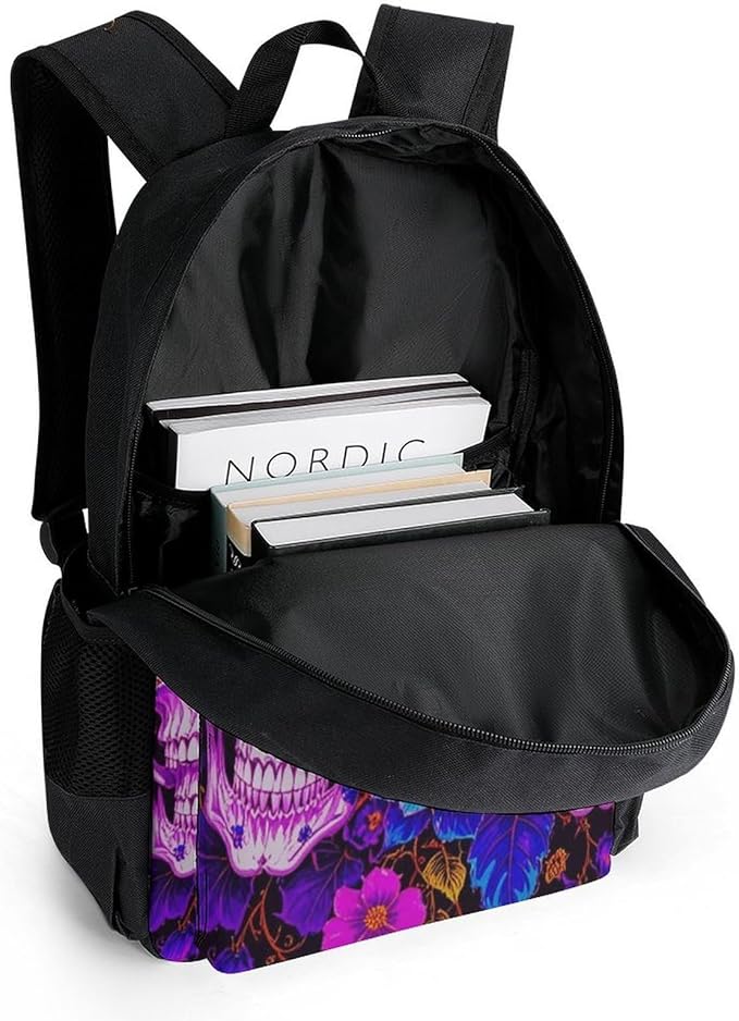 Daypack Backpack Anti-Theft Multipurpose Big Capacity Bookbag, Purple Psychedelic Mexican Sugar Skulls Day Of The Dead Floral Flowers Business Computer Bag With Side Pockets